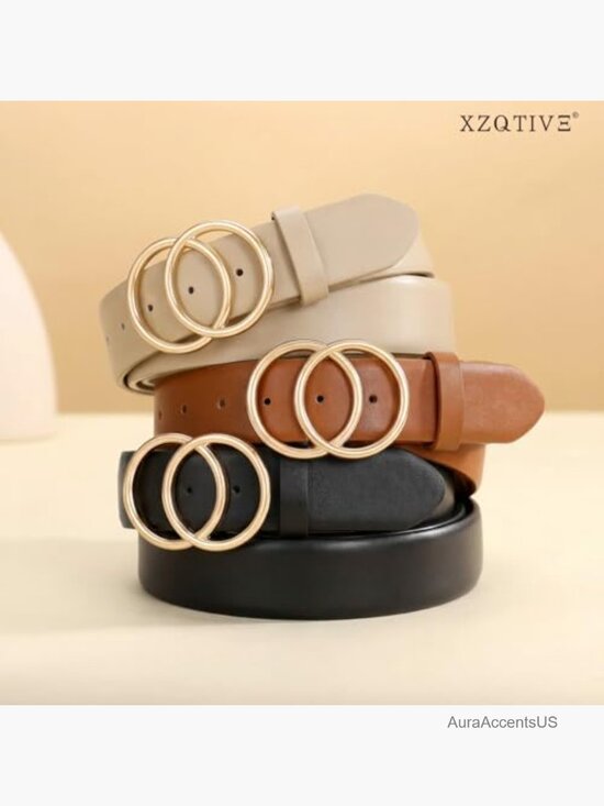 3-Pack Ladies Faux Leather Belt Set with Double O-Ring Gold Buckle main image 4